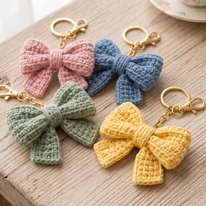 May include: Four crochet bow keychains in pastel pink, dusty blue, sage green, and soft yellow. Each bow is crafted from yarn with a textured stitch pattern and is attached to a gold-toned metal split ring and lobster clasp hardware.