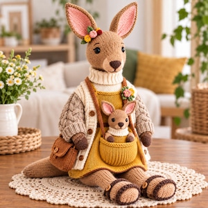 May include: A crocheted kangaroo doll with a smaller joey in its pouch. The kangaroo wears a cream cable-knit cardigan over a mustard yellow dress, with a small brown satchel and brown sandals. It has pink-lined ears adorned with small flowers.