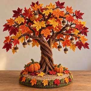 Könnte beinhalten: Eine gehäkelte Herbstbaum-Skulptur mit einem gedrehten braunen Stamm, leuchtend roten, orangen und gelben Ahornblättern sowie hängenden beigen und braunen Eicheln. Zwei gehäkelte orange Kürbisse stehen auf der mit kleinen Blättern verzierten Basis.