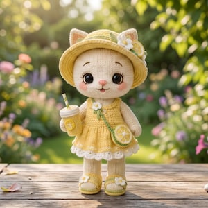 May include: A knitted cat doll wearing a yellow sun hat with a white flower and lemon slice, a yellow dress with a white lace hem, and yellow sandals. The doll holds a yellow cup with a straw and carries a small round lemon-themed shoulder bag.