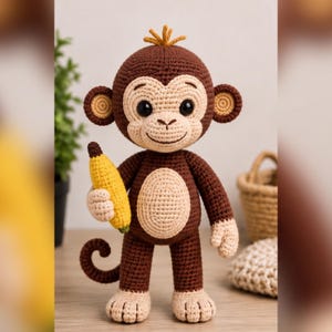 Patrón de mono a crochet en PDF, patrón de mono amigurumi, tutorial de peluche de mono de pie, lindo juguete de animal a crochet: mono plátano (descarga instantánea)