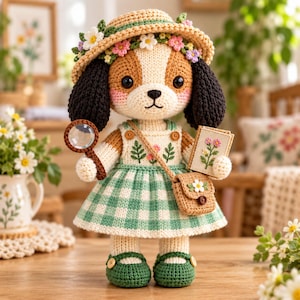 Breipatroon voor een Beagle, puppypop (PDF), breipatroon voor een hondenspeeltje, amigurumi hond, botanische puppy, geruite jurk, direct te downloaden