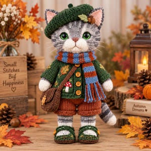 Può includere: Una bambola di gatto tigrato grigio all'uncinetto che indossa un basco verde con una ghianda, un cardigan verde con ricami di funghi e foglie, una sciarpa a righe blu e arancioni, pantaloncini marroni e scarpe verdi. Il gatto ha grandi occhi verdi e una borsa.