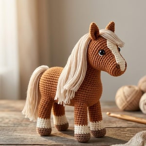 May include: A brown crocheted horse toy featuring a cream-colored mane, tail, and a white blaze on its face. The horse has four legs with white lower sections and dark brown hooves, with black button eyes and a textured, stitched yarn construction.