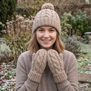 May include: A beige cable-knit beanie with a matching pom-pom on top and a pair of coordinating beige cable-knit mittens. The beanie features a ribbed cuff, and the mittens have ribbed cuffs that extend to the wrists, matching the knit pattern.
