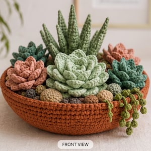 Può includere: Una composizione di piante succulente all'uncinetto in una ciotola rotonda color ruggine. L'insieme presenta varie piante lavorate all'uncinetto nei toni del verde salvia, rosa antico e verde ottanio, con piccoli ciottoli beige all'uncinetto.