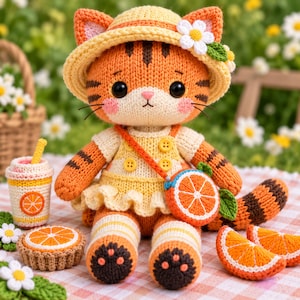 May include: A crocheted orange tabby cat doll wearing a yellow dress, a straw-style hat with a white flower, and a cross-body bag shaped like an orange slice. The doll is accompanied by a crocheted cup and orange slice accessories.