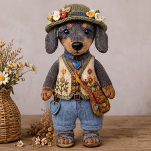 May include: A knitted dachshund doll wearing a green hat adorned with fabric flowers, a cream-coloured vest with floral embroidery, blue shorts, and sandals. The doll features a blue heart pendant, a brown cross-body bag, and tan-coloured paws.