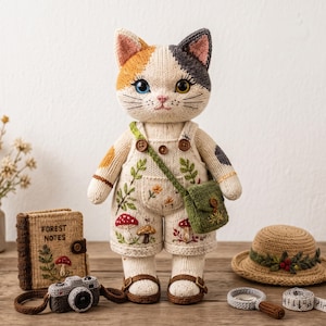Patrón de muñeca de gato calico tejida en PDF, patrón de tejido de gato explorador del bosque, patrón de juguete del bosque, muñeca artística, descarga instantánea