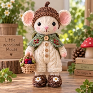 May include: A knitted mouse doll wearing a brown acorn-shaped hat, a green cape with red berry embroidery, and cream-colored cable-knit overalls with three wooden buttons. The mouse holds a small woven basket filled with colorful berries.