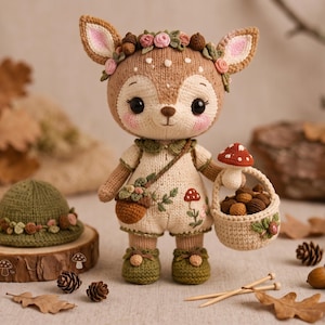 May include: A crocheted fawn doll with large black eyes and pink cheeks, wearing a cream-colored romper with mushroom embroidery, a floral crown, and a crossbody acorn bag. The doll holds a small basket filled with brown yarn acorns and a red mushroom.