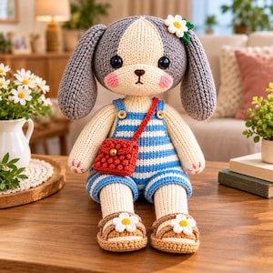 May include: A handmade knit plush doll shaped like a dog with gray ears, a cream face, and pink cheeks. It wears blue and white striped overalls, a small red textured crossbody bag, and brown sandals with white daisy flower accents.