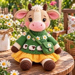 Op de afbeelding: Een gehaakte koeienknuffel met een beige en witte kop met roze wangen, gekleed in een groene trui met witte madeliefjes- en schapenpatronen, een gele rok en een klein bijpassend groen schoudertasje met een madeliefje en een houten knoop.