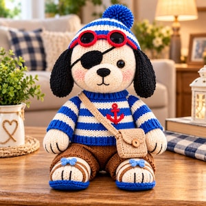 Puede incluir: Un juguete de peluche tejido con forma de perro que lleva un suéter a rayas azules y blancas con un emblema de ancla roja, pantalones marrones y un gorro a rayas a juego con un pompón azul. El perro tiene un parche negro, gafas rojas y un bolso beige.