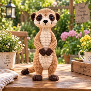 Può includere: Un peluche a forma di suricato realizzato all'uncinetto con corpo color marrone chiaro, petto color crema e dettagli marrone scuro su orecchie, zampe, punta della coda e intorno agli occhi. Il pupazzo ha occhi neri, naso ricamato e baffi sottili.