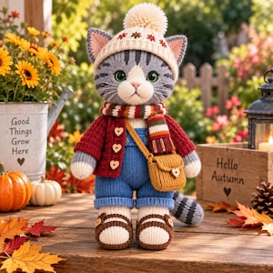 May include: A crocheted grey tabby cat doll wearing a cream-coloured pom-pom beanie with floral embroidery, a red knit cardigan with three heart-shaped buttons, blue overalls, a striped scarf, and brown sandals, carrying a small yellow shoulder bag.