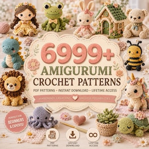 Może przedstawiać: Kolekcja różnych szydełkowanych figurek amigurumi, w tym lalka, żaba, królik, domek, miś, dinozaur, pszczoła, lew, jednorożec, ośmiornica, sukulent i żółw, otaczające centralny znak z napisem 6999+ AMIGURUMI CROCHET PATTERNS.