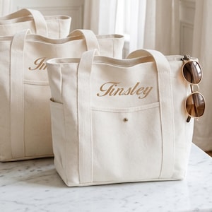 Custom Embroidered Canvas Tote Bag with Initial Ribbon, Bridesmaid Gifts Tote Bag, Wedding Beach Bag, Wedding Gifts