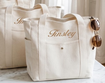 Custom Embroidered Canvas Tote Bag with Initial Ribbon, Bridesmaid Gifts Tote Bag, Wedding Beach Bag, Wedding Gifts