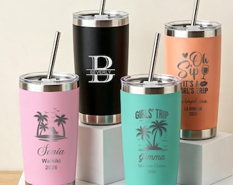 Personalized 20oz Tumbler, Custom Name Tumbler with Straw, Beach Travel Mug, Insulated Skinny Tumbler, Bridesmaid Tumbler