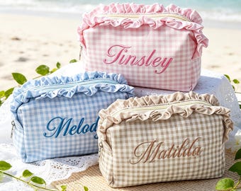 Personalized Gingham Makeup Bag, Embroidered Bridesmaid Makeup Bag, Ruffled Cosmetic Pouch, Bridesmaid Gift, Custom Name Toiletry Bag