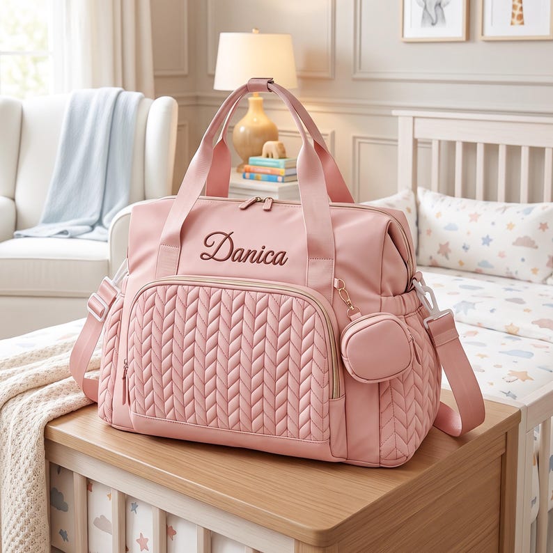 May include: A light pink diaper bag featuring a quilted herringbone pattern on the front pocket and side panels. The bag has two top handles, an adjustable shoulder strap, and a small matching circular pouch. The name Danica is embroidered in brown.