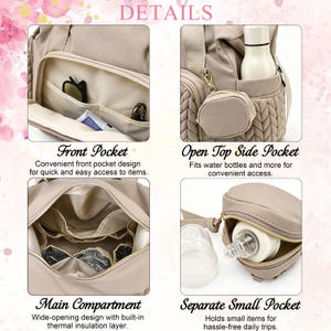 May include: A beige diaper bag featuring a front pocket with internal dividers, an open side pocket with a small attached pouch, a main compartment with thermal insulation, and a separate small zippered pouch containing a baby bottle.