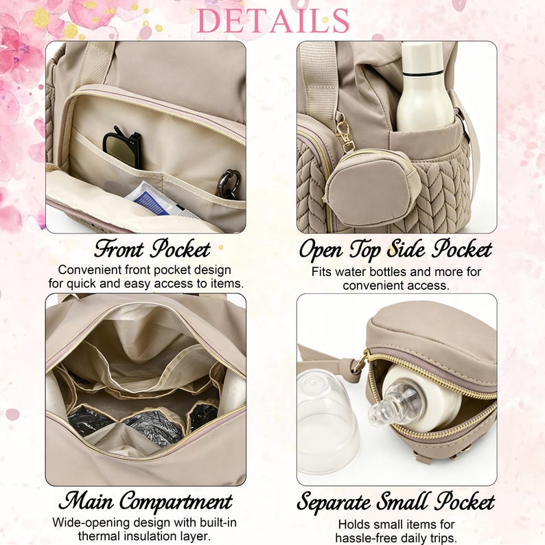 May include: A beige diaper bag featuring a front pocket with internal dividers, an open side pocket with a small attached pouch, a main compartment with thermal insulation, and a separate small zippered pouch containing a baby bottle.