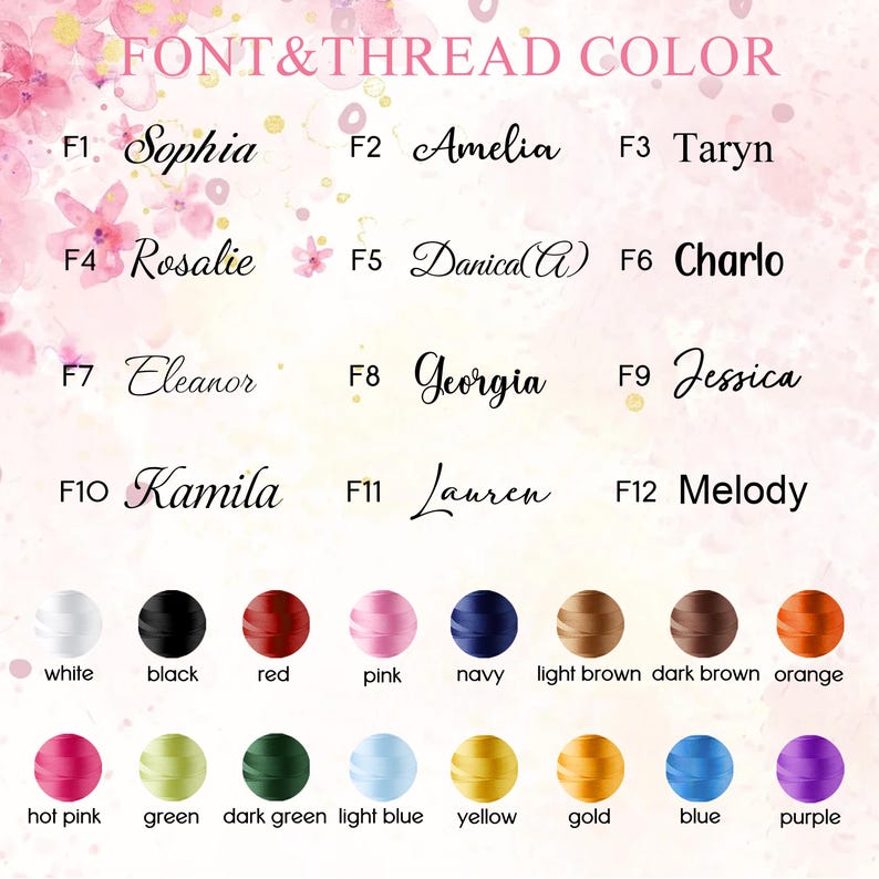May include: A font and thread color chart featuring twelve distinct black typography styles labeled F1 through F12, followed by sixteen circular color swatches labeled with their respective names including white, black, red, pink, navy, and gold.