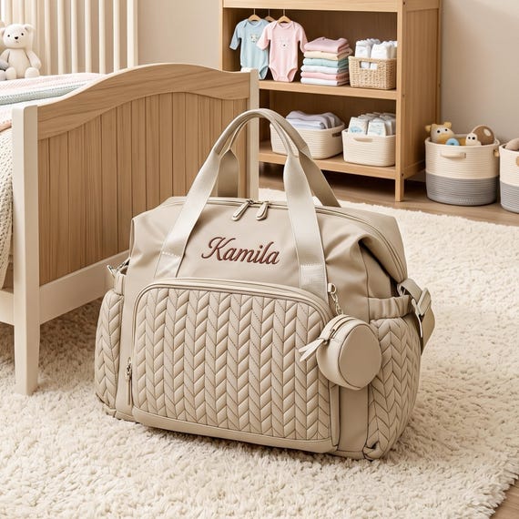 Personalized Diaper Bag, Custom Name Baby Travel Bag, Embroidered Quilted Duffle Tote, Luggage Sleeve, Overnight Bag, Unisex Shower Gift