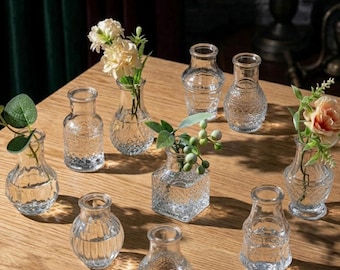 Juego de 10 mini jarrones de cristal – Jarrones pequeños de cristal transparente con relieve retro, estilo europeo vintage, ideales para la decoración del hogar o como centro de mesa bohemio.