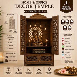 May include: A brown wooden home and office decor temple digital file with laser-cut patterns. The temple features an Om symbol, two figures, and books titled Bhagavad Gita, Srimad Bhagavatam, and Ramayana. Dimensions are 28 inches by 16.5 inches by 10.27 inches.