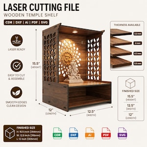 May include: A wooden temple shelf laser cutting file with a finished height of 15.5 inches, width of 12.5 inches, and length of 12 inches. The structure features intricate side panels, a back panel with an Om symbol, and a Ganesha statue inside.