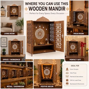 May include: A brown wooden mandir featuring intricate laser-cut side panels with geometric patterns and a central back panel displaying an Om symbol. The structure includes two hinged doors, an open shelf, and a decorative arched top piece.