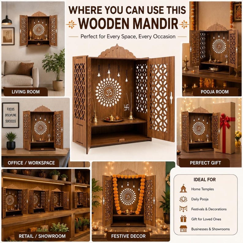May include: A brown wooden mandir featuring intricate laser-cut side panels with geometric patterns and a central back panel displaying an Om symbol. The structure includes two hinged doors, an open shelf, and a decorative arched top piece.