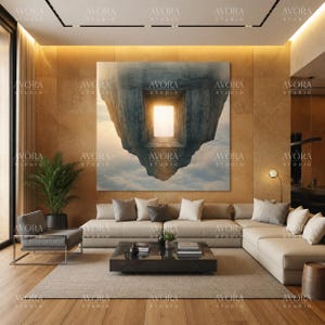 Floating Stone Portal Art, Surreal Sky Landscape, Dreamy Cloud Decor (Digital Download)