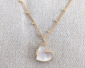 Dainty Pearl Heart Locket Necklace- 14k gold filled charm personalized photos, iridescent beachy shell pendant, mothers day gift