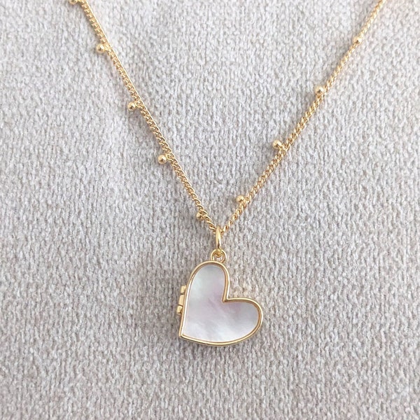 Dainty Pearl Heart Locket Necklace- 14k gold filled charm personalized photos, iridescent beachy shell pendant, mothers day gift