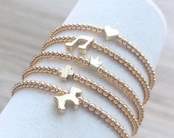 14k Gold Bead Charm Bracelet- dainty nontarnish stacking friendship jewelry, Mother's Day gifts: dog heart music note crown cross