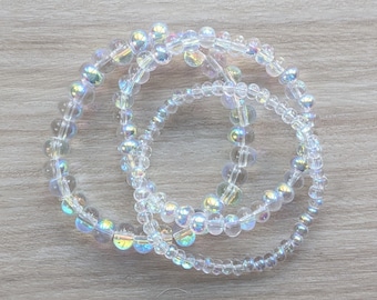 Aurora Glass Beaded Stretch Bracelet: rainbow prism mermaid beachy boho jewelry, Independence Day/4th of July sparkle gifts