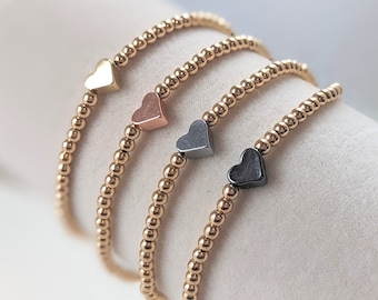 Gold Filled Beaded Heart Stretch Bracelet: dainty silver/black/rose pink charms minimalist stacking friendship jewelry bestie bff accessory