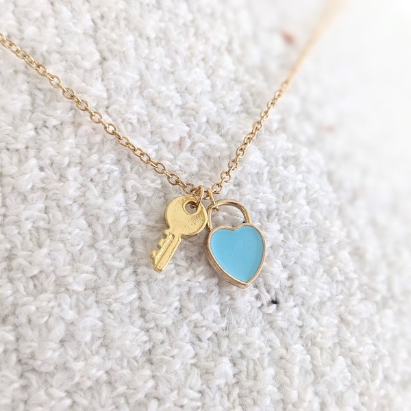 Tiny Heart Padlock & Key Necklace- pink white black blue turquoise enamel charms, gold plated chain- dainty cute boho mothers day gift