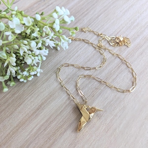 Origami Hummingbird Necklace: 24k Gold Filled Paperclip Chain, waterproof nontarnish accessories, whimsical nature jewelry, Mothers Day gift