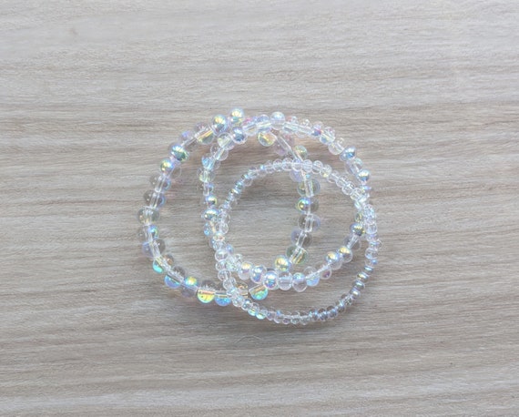 Aurora Glass Beaded Stretch Bracelet: rainbow prism mermaid beachy boho jewelry, Independence Day/4th of July sparkle gifts
