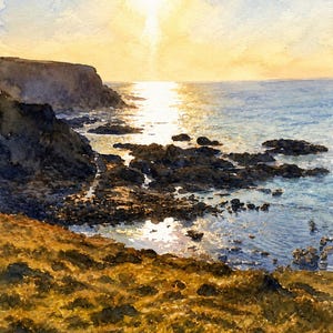 May include: A watercolor painting of a coastal landscape at sunset, featuring dark rocky cliffs and a shoreline meeting the sea. The sun glows brightly in the sky, casting a golden reflection on the water. The text Porth Mear, Cornwall is visible.