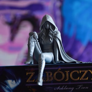 K&ouml;nnte beinhalten: Eine graue, einfarbige Figur mit Kapuze und langem, welligem Haar, die einen Umhang und Schn&uuml;rstiefel tr&auml;gt und auf einem Buch mit dem Titel ZAB&Oacute;JCZYNI sitzt. Die Figur h&auml;lt ein kleines Schwert in der Hand, das auf dem Knie ruht.