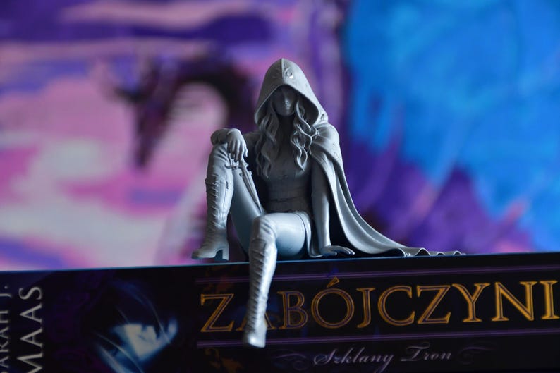 K&ouml;nnte beinhalten: Eine graue, einfarbige Figur mit Kapuze und langem, welligem Haar, die einen Umhang und Schn&uuml;rstiefel tr&auml;gt und auf einem Buch mit dem Titel ZAB&Oacute;JCZYNI sitzt. Die Figur h&auml;lt ein kleines Schwert in der Hand, das auf dem Knie ruht.