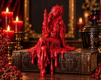 Op de afbeelding: Een rood wassen beeld van een figuur met lang haar en een kroon, die een brandende kaars vasthoudt. Het figuur zit op een groot, rechthoekig, donkergekleurd boek met versierde goudkleurige details. Rode was druipt van het figuur op het boek.