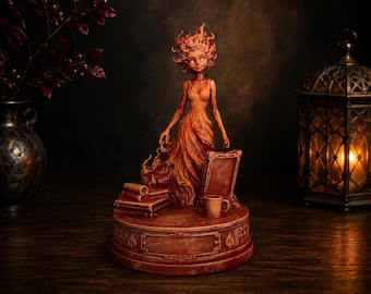 Die flammengebundene Bibliothekarin | Lehabah-inspirierte Feuerfee-Figur | Romantische Regaldekoration