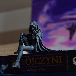 K&ouml;nnte beinhalten: Eine dunkelgraue Figur einer Kapuzengestalt, die auf dem Buchr&uuml;cken des Buches Zabojczyni von Sarah J. Maas sitzt. Die Figur tr&auml;gt einen langen Umhang und hohe Stiefel, ein Bein ist am Knie angewinkelt. Der Buchr&uuml;cken zeigt goldene Schrift und ein Logo.